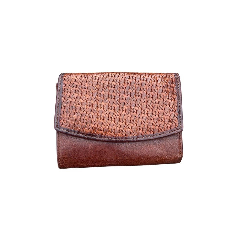 Fossil Brown Genuine Leather Woven Trifold Wallet Women Small Zip Pocket Snap